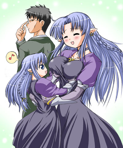 steed (steed enterprise), kuzuki souichirou, medea (caster) (fate), medea (fate), fate/stay night, fate (series), lowres, 00s, 1boy, 2girls, adjusting eyewear, age difference, blush, braid, breast lift, breasts, choker, closed eyes, dress, earrings, glasses, grabbing another's breast, groping, if they mated, incest, jewelry, large breasts, long hair, mother and daughter, multiple girls, musical note, pointy ears, quaver, simple background, spoken musical note