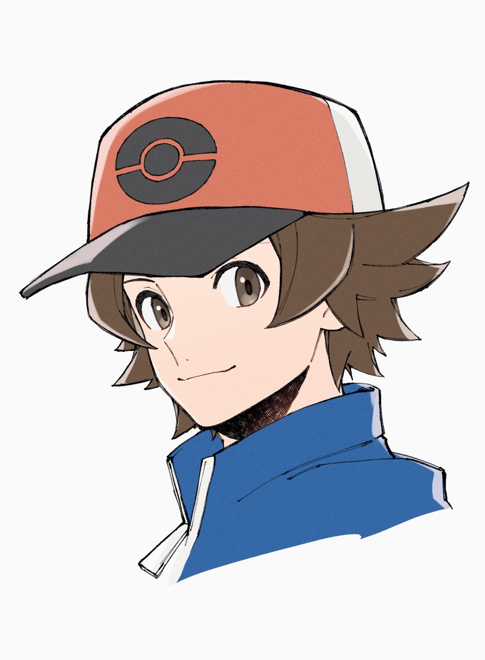mocollie, hilbert (pokemon), nintendo, pokemon, pokemon bw, commentary, commentary request, highres, 1boy, baseball cap, blue jacket, brown eyes, brown hair, closed mouth, collared jacket, cropped shoulders, hat, jacket, looking at viewer, male focus, popped collar, short hair, simple background, smile, solo, white background