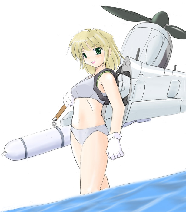 nanashi (7th exp), fw 190, original, 1girl, aircraft, airplane, bikini, blonde hair, female focus, gloves, green eyes, grey bikini, mecha musume, military, solo, swimsuit, torpedo, world war ii