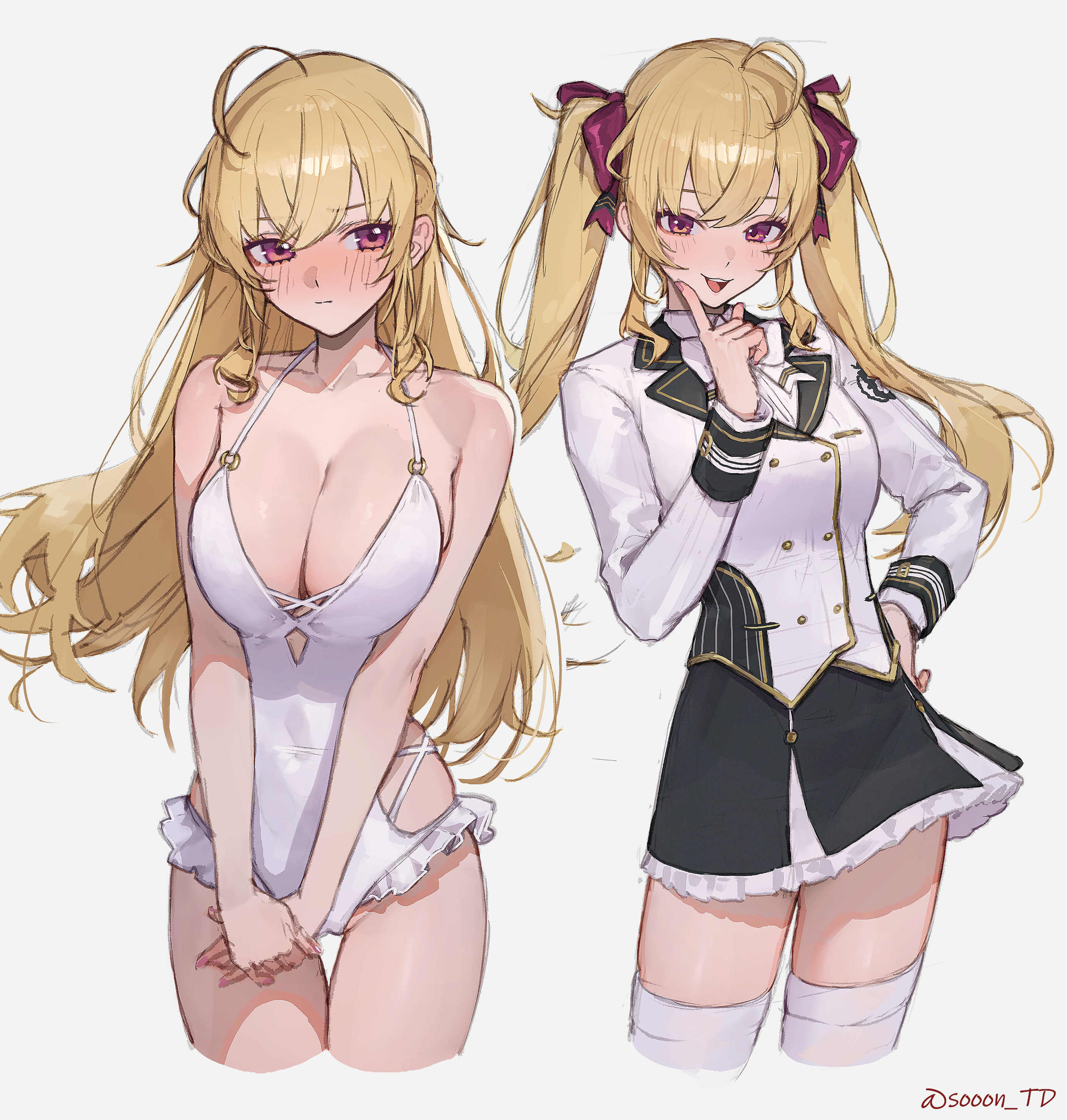 sooon, takamiya rion, takamiya rion (1st costume), nijisanji, absurdres, commentary request, highres, partial commentary, 1girl, artist name, black skirt, blazer, blonde hair, breasts, cleavage, covered navel, hair ribbon, hand on own hip, hand up, jacket, large breasts, long hair, long sleeves, looking at viewer, one-piece swimsuit, purple eyes, purple ribbon, ribbon, school uniform, simple background, skirt, swimsuit, thighhighs, thighs, twintails, twitter username, very long hair, virtual youtuber, watermark, white background, white jacket, white one-piece swimsuit, white thighhighs