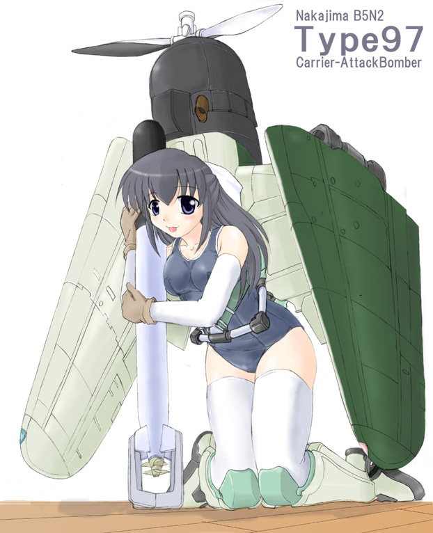 nanashi (7th exp), nakajima b5n, original, 1girl, :p, aircraft, airplane, blue one-piece swimsuit, character name, female focus, knees together feet apart, mecha musume, military, one-piece swimsuit, solo, swimsuit, tongue, tongue out, torpedo, wooden floor, world war ii