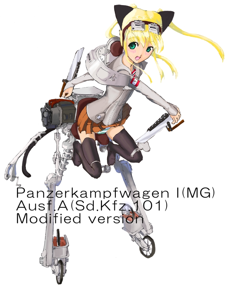 original, vehicle, 1girl, animal ears, black thighhighs, blonde hair, cat ears, female focus, green eyes, mecha musume, military, military vehicle, motor vehicle, panties, pantyshot, panzer i, school uniform, serafuku, solo, striped clothes, striped panties, tank, text focus, thighhighs, thighs, underwear, world war ii
