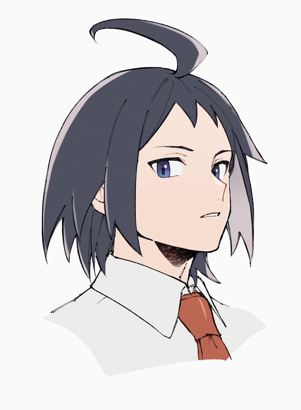 mocollie, cheren (pokemon), nintendo, pokemon, pokemon bw2, commentary, commentary request, highres, 1boy, ahoge, black hair, blue eyes, collared shirt, cropped shoulders, looking at viewer, looking to the side, male focus, necktie, parted lips, red necktie, shirt, short hair, simple background, solo, teeth, white background, white shirt, wing collar