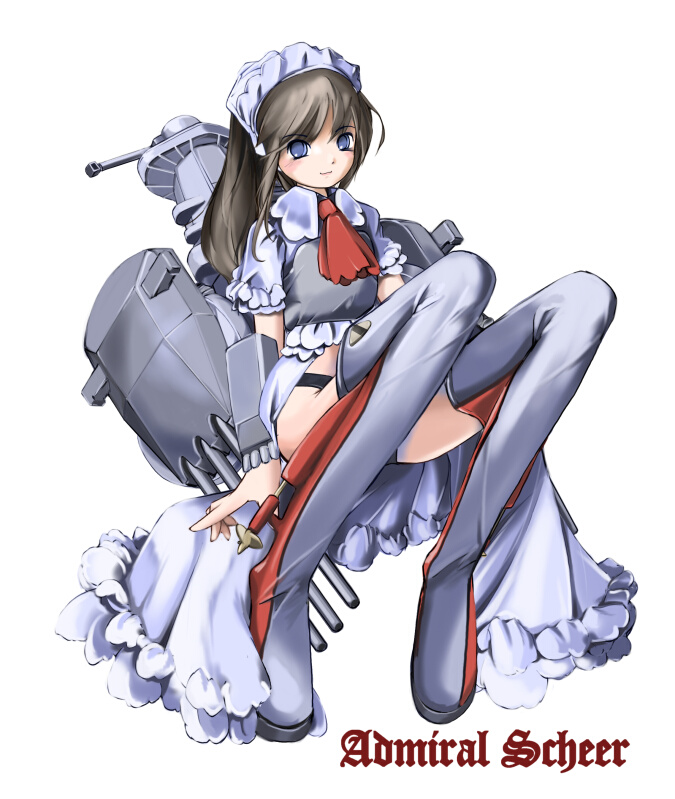 nano (nanosize), admiral scheer, original, 1girl, female focus, kriegsmarine, maid, mecha musume, military, ship, solo, thighhighs, watercraft, world war ii
