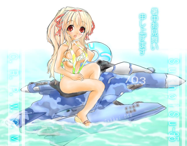 zahme sau (artist), zahme sau (cmpwgm), su-35, original, jet, 1girl, aircraft, airplane, female focus, innertube, mecha musume, military, ponytail, riding, shochuumimai, slingshot swimsuit, solo, su35, swim ring, swimsuit
