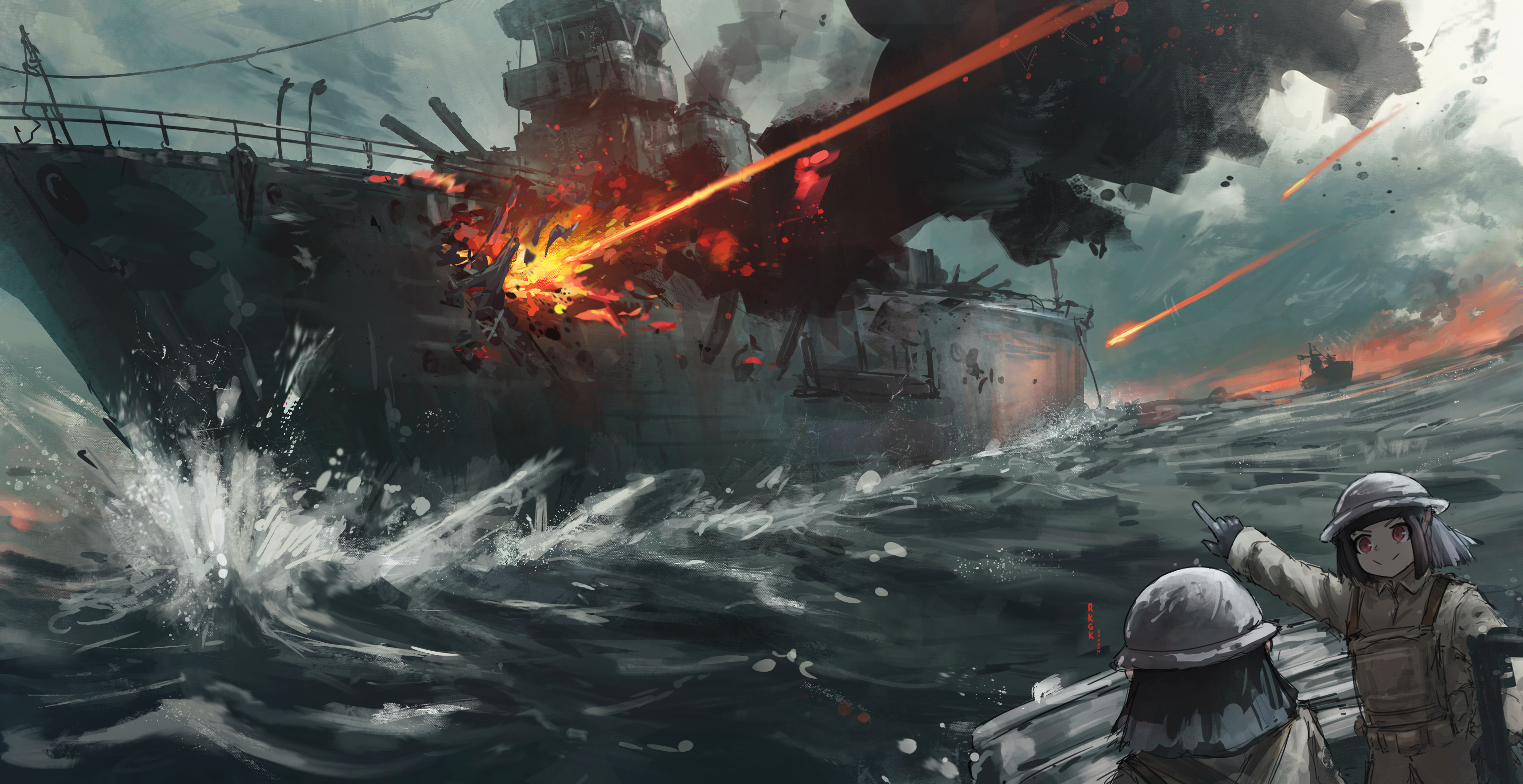 franlol, original, absurdres, commentary, english commentary, highres, 2girls, black gloves, black hair, closed mouth, cloud, explosion, gloves, grey helmet, grey shirt, helmet, long sleeves, looking at another, multiple girls, ocean, outdoors, outstretched arm, pointing, red eyes, ship, shirt, short hair, smile, smoke, v-shaped eyebrows, water, watercraft