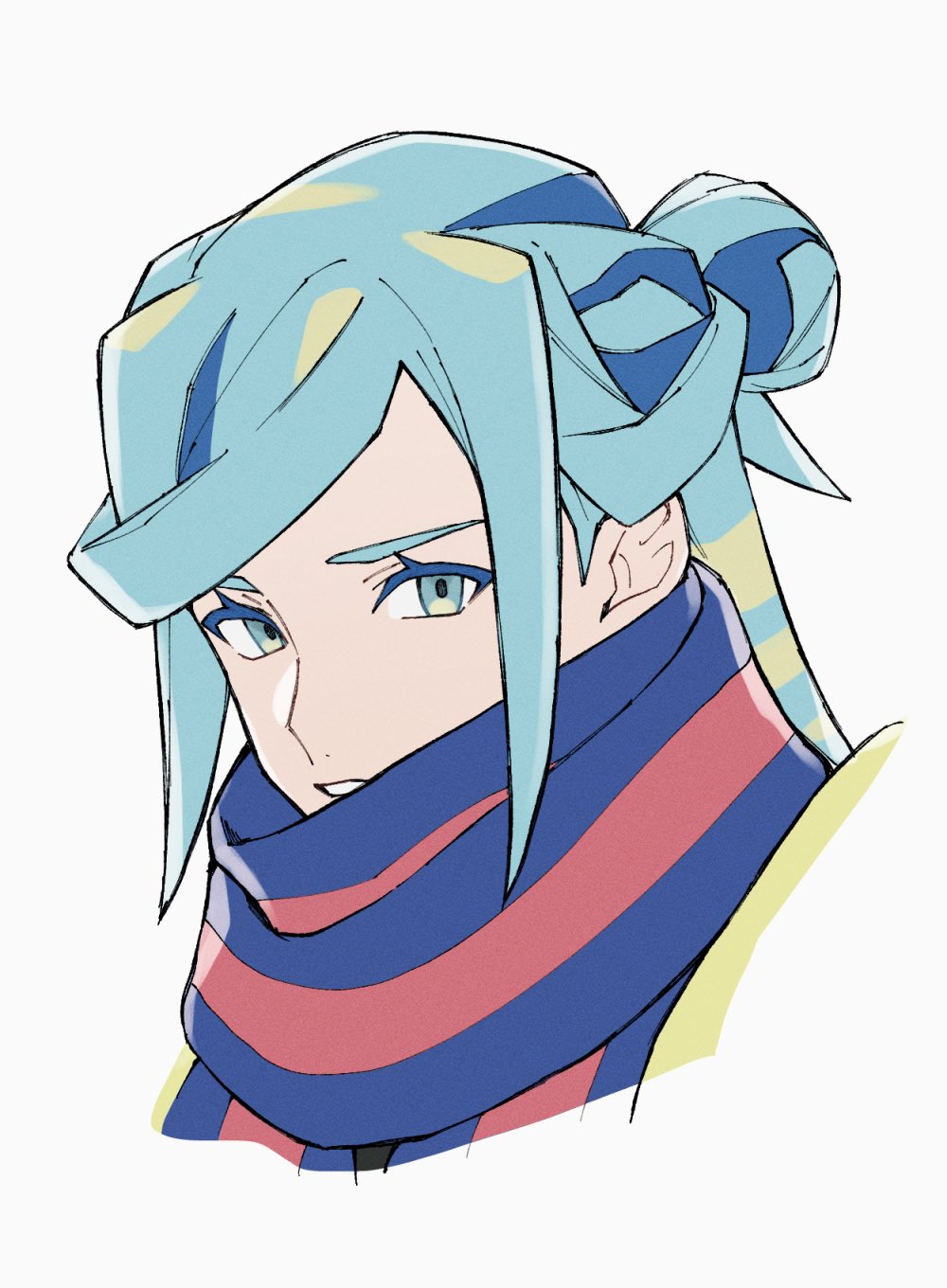mocollie, grusha (pokemon), nintendo, pokemon, pokemon sv, commentary, commentary request, highres, 1boy, androgynous, blue eyes, blue hair, colored eyelashes, cropped shoulders, male focus, medium hair, multicolored scarf, parted bangs, parted lips, scarf, simple background, smile, solo, striped clothes, striped scarf, teeth, white background