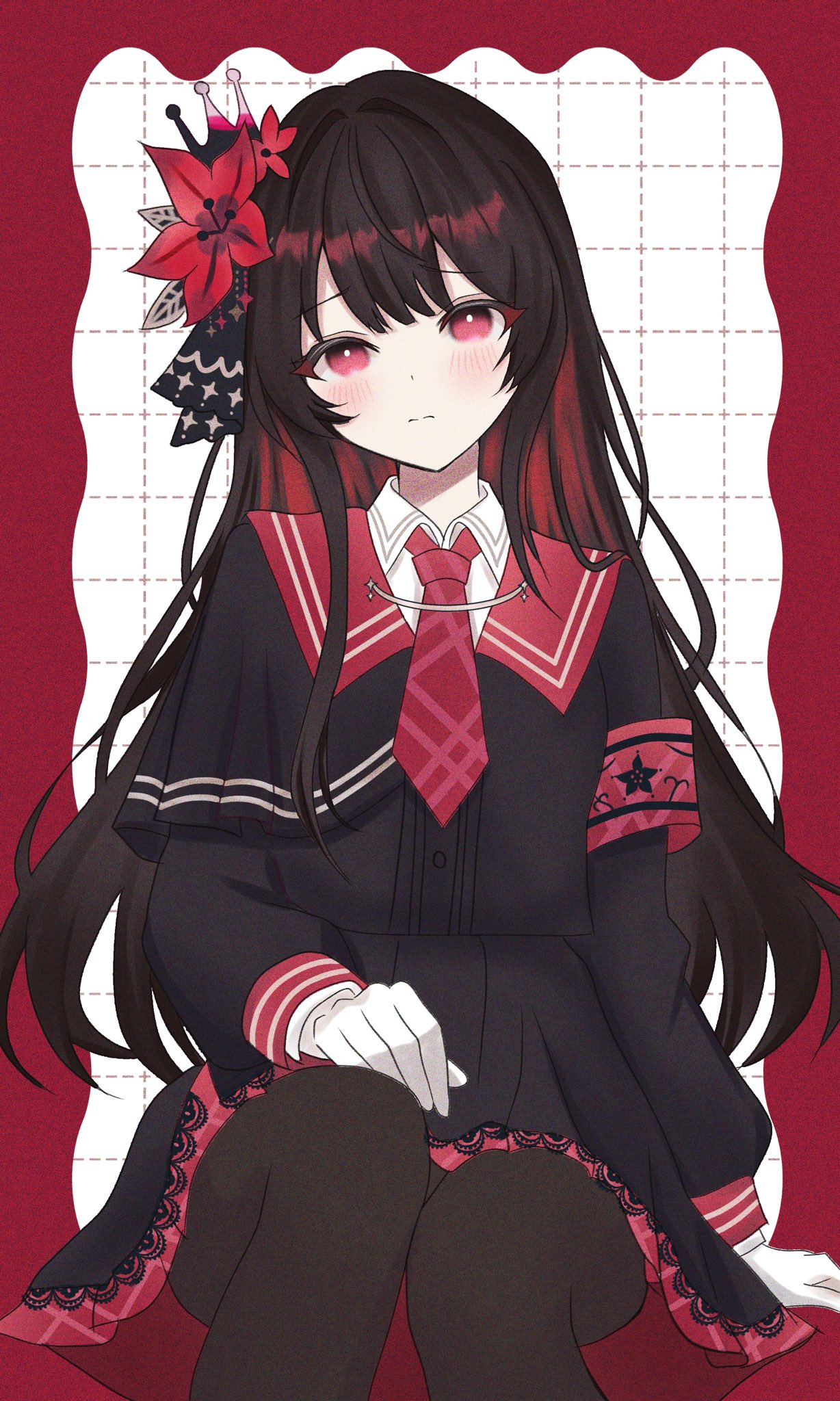 yua 666666, nikaidou hiro, mahou shoujo no majo saiban, highres, 1girl, armband, black dress, black hair, black pantyhose, colored inner hair, dress, flower, hair flower, hair ornament, long hair, looking at viewer, magical girl, multicolored hair, necktie, pantyhose, red armband, red eyes, red flower, red necktie, sad, shirt, simple background, sitting, solo, very long hair, white shirt