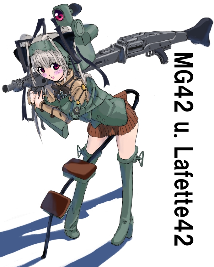 original, 1girl, blush, boots, brown skirt, cross, english text, female focus, green boots, grey hair, gun, hair ornament, iron cross, jacket, leaning forward, machine gun, mecha musume, mg 42, military, military jacket, open mouth, over shoulder, red eyes, shadow, short twintails, skirt, solo, standing, thighhighs, twintails, weapon, world war ii