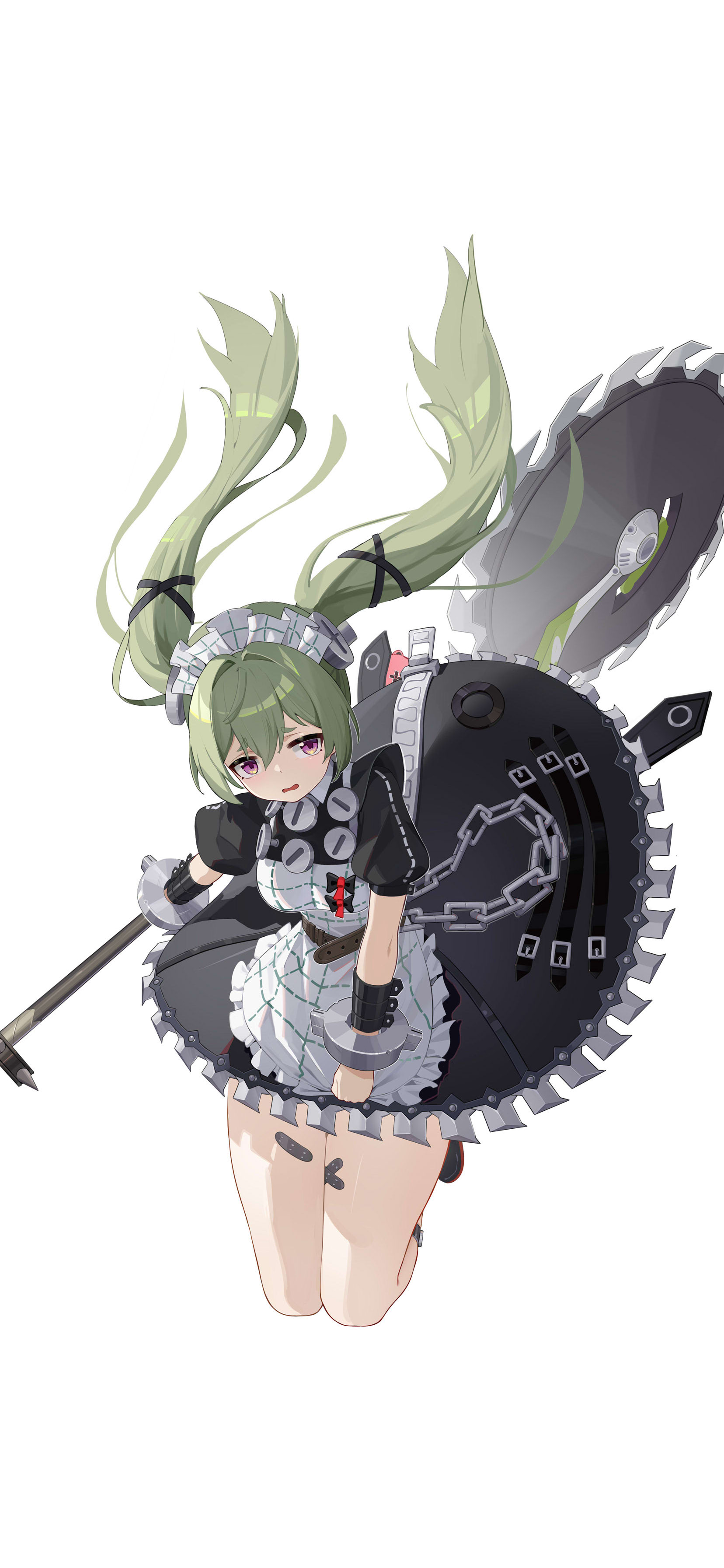freeeeeeeeeee, corin wickes, zenless zone zero, absurdres, chinese commentary, commentary request, highres, 1girl, apron, bandaid, bandaid on leg, black dress, breasts, chain, circular saw, cuffs, dress, full body, green hair, hair between eyes, holding, holding weapon, long hair, looking at viewer, maid, maid apron, maid headdress, puffy short sleeves, puffy sleeves, purple eyes, saw, screw hair ornament, short sleeves, simple background, solo, twintails, weapon, white apron, white background, zipper, zipper pull tab