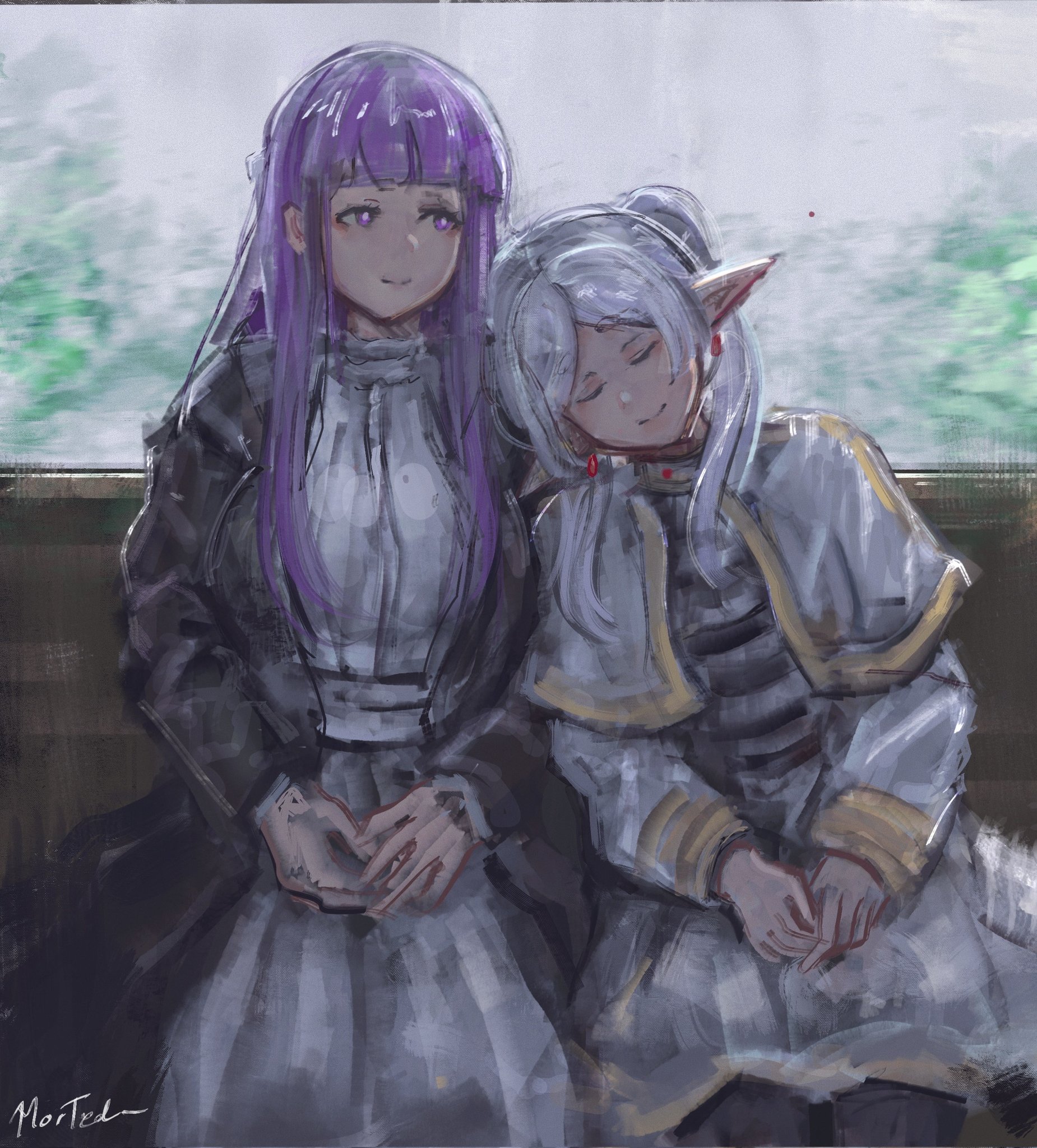 fern (sousou no frieren), frieren, sousou no frieren, commentary, highres, 2girls, black robe, blunt bangs, capelet, closed eyes, closed mouth, dress, earrings, elf, head on another's shoulder, jewelry, leaning on person, long hair, long sleeves, morted art, multiple girls, outdoors, painterly, pointy ears, purple eyes, robe, shirt, signature, sitting, skirt, sleeping, sleeping upright, striped clothes, striped shirt, teardrop earrings, twintails, white capelet, white dress, white shirt, white skirt, yuri