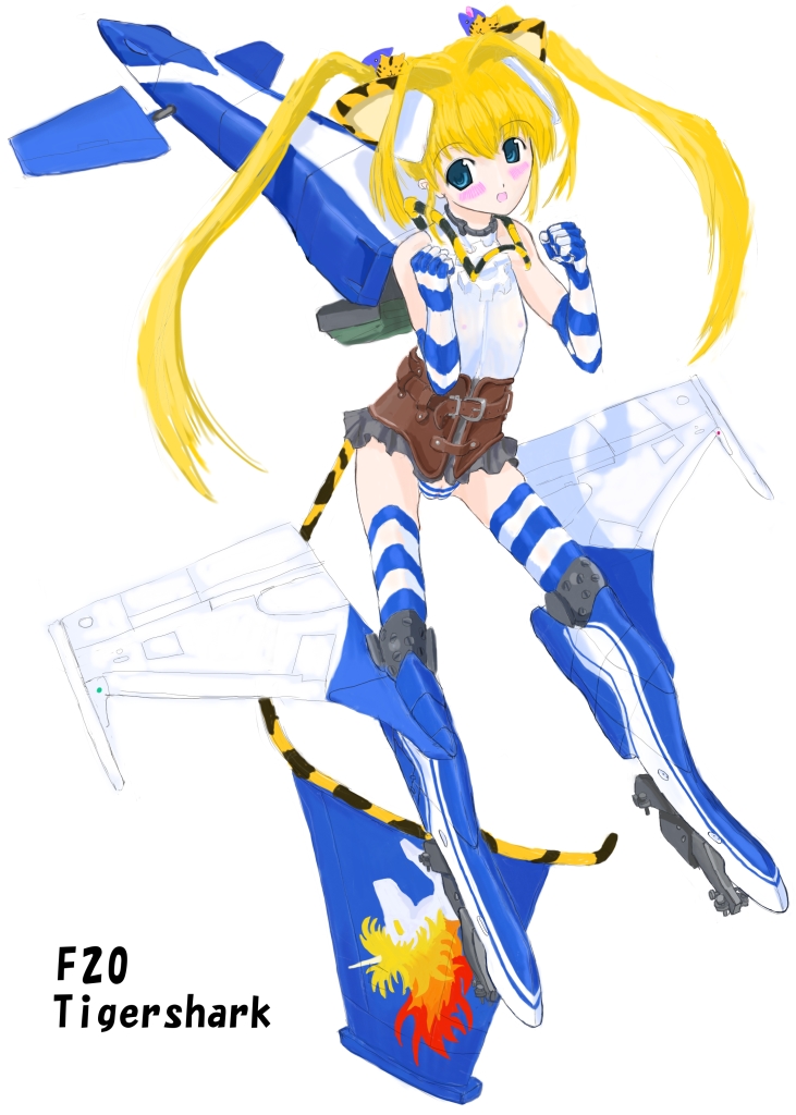 f-20, area 88, jet, 1girl, aircraft, airplane, bad anatomy, cameltoe, f20, female focus, fins, gloves, mecha musume, military, nipples, panties, see-through clothes, solo, striped clothes, striped gloves, striped panties, thighhighs, underwear, unicorn, white background