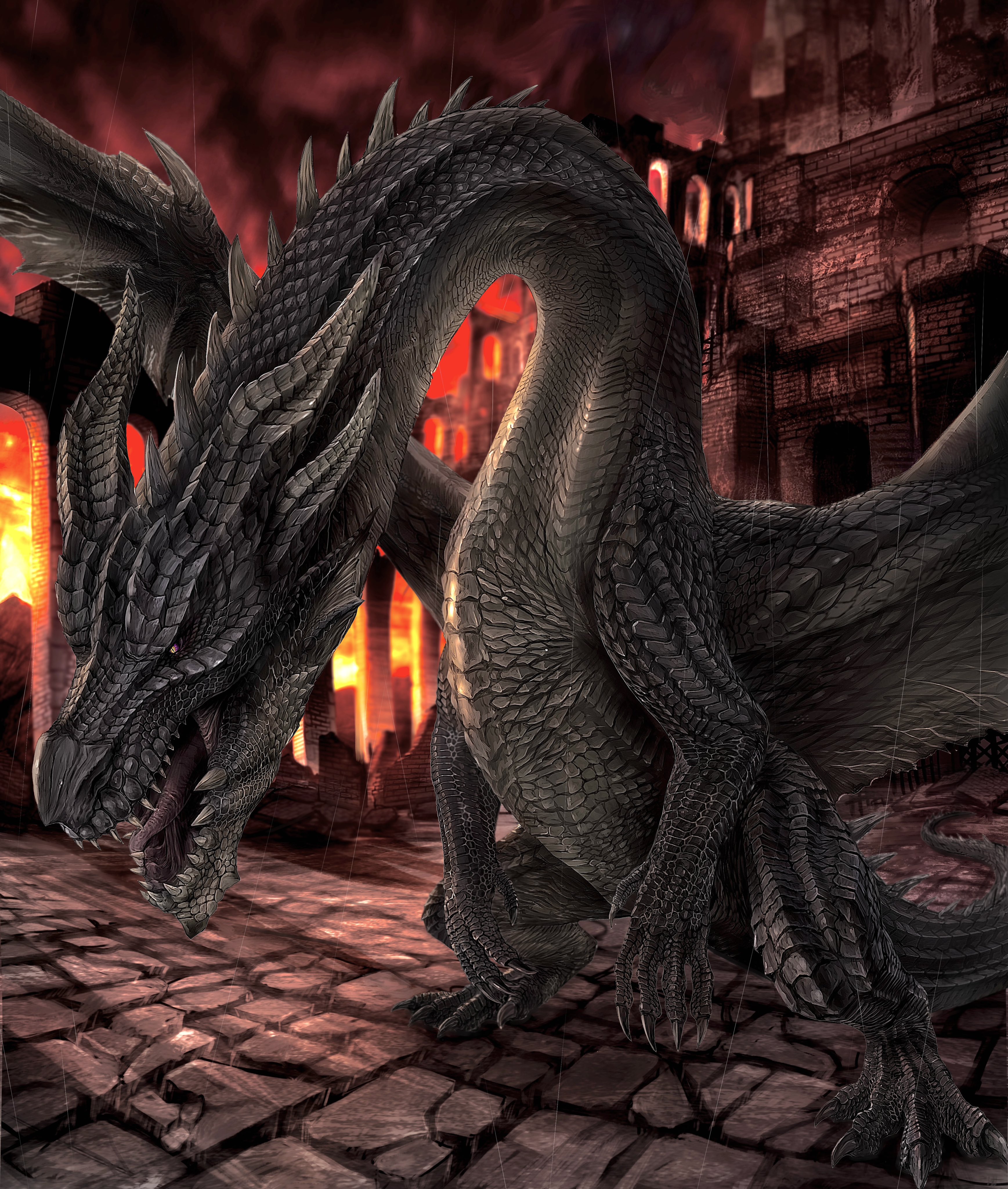 nutuki, fatalis, monster hunter: world, monster hunter (series), monster hunter world: iceborne, absurdres, commentary, highres, black scales, brick wall, castle, claws, colored sclera, crack, cracked floor, dragon, dragon horns, dragon tail, dragon wings, fiery background, fire, horns, looking ahead, monster, monster focus, night, no humans, open mouth, purple sclera, rain, ruins, scales, sharp teeth, slit pupils, smoke, spikes, standing, tail, teeth, tongue, western dragon, wings, yellow eyes