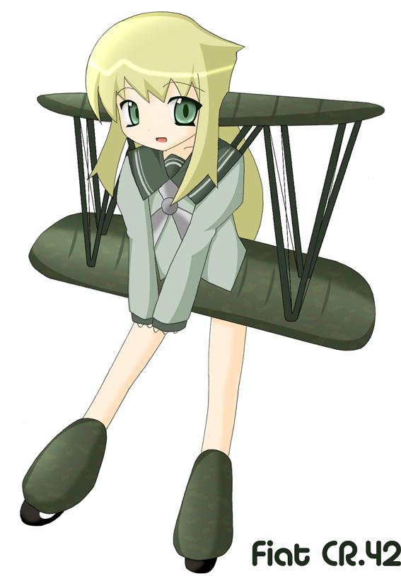 g-774, sukezaemon (stainless night), fiat cr 42, original, 1girl, aircraft, airplane, biplane, character name, female focus, fiatcr42, mecha musume, military, school uniform, serafuku, simple background, solo, white background, world war ii