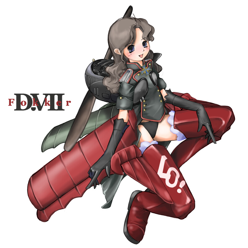 nano (nanosize), fokker dvii, original, 1girl, aircraft, airplane, biplane, boots, female focus, fokkerdvii, mecha musume, military, red boots, solo, thighhighs, world war i