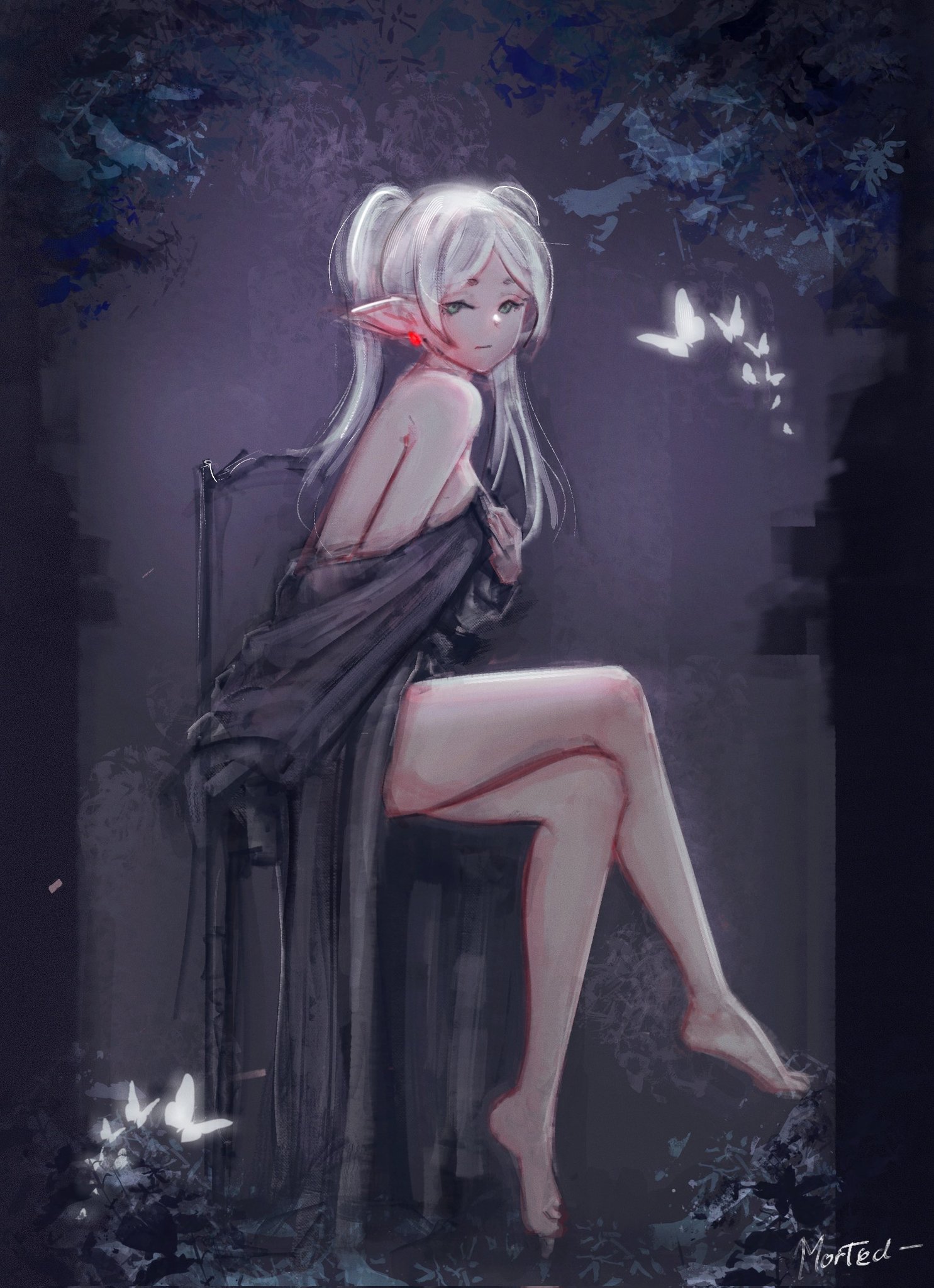 frieren, sousou no frieren, commentary, highres, 1girl, bare shoulders, barefoot, bug, butterfly, chair, closed mouth, crossed legs, earrings, elf, glowing butterfly, green eyes, insect, jewelry, long hair, looking at viewer, morted art, nude, on chair, painterly, pointy ears, signature, sitting, solo, teardrop earrings, thighs, twintails, under covers, white hair