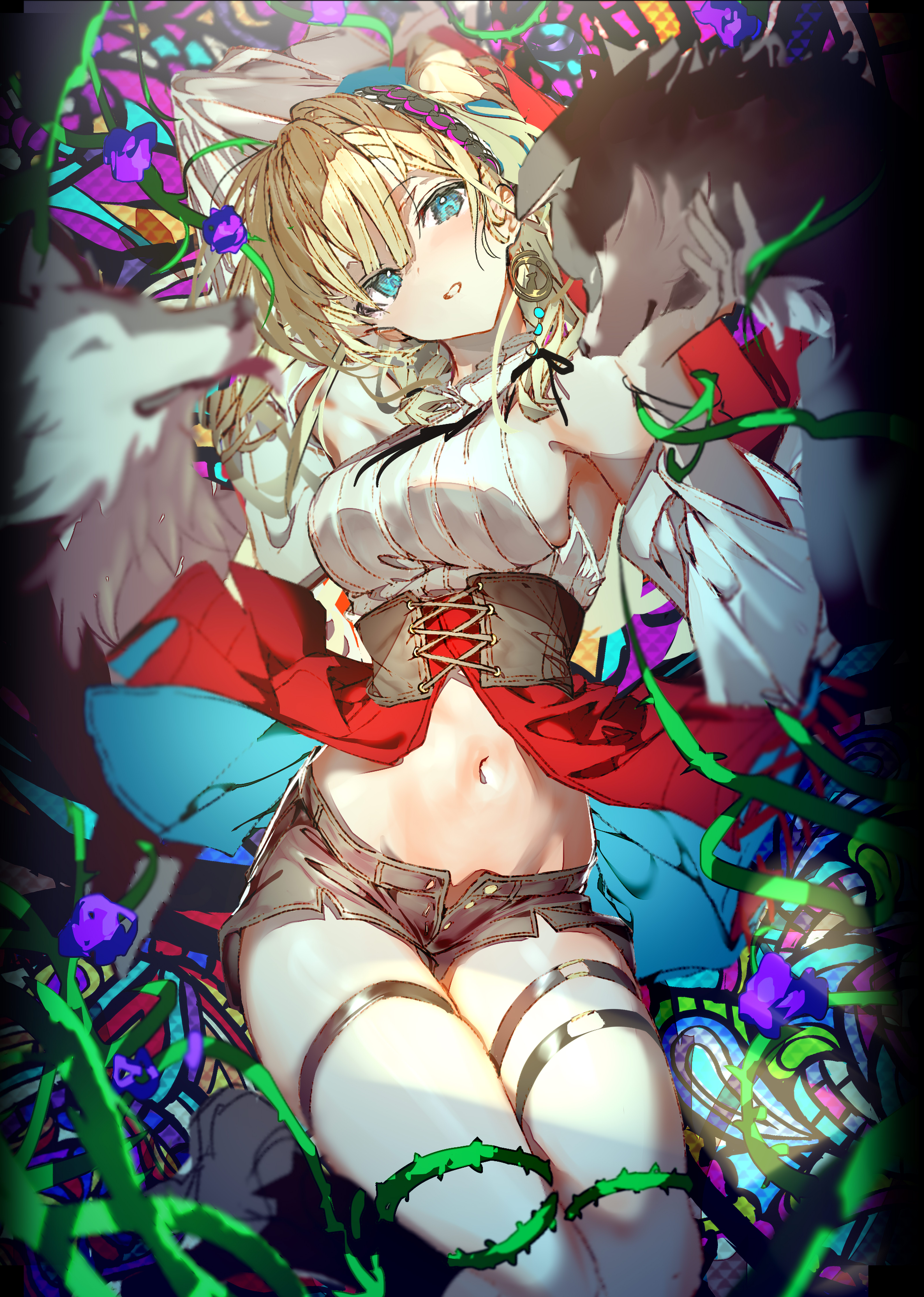 enj!, original, absurdres, highres, 1girl, arm up, armpits, bare shoulders, black shorts, blonde hair, blush, breasts, corset, crop top, detached sleeves, green eyes, hairband, large breasts, long hair, long sleeves, looking at viewer, midriff, navel, open fly, shirt, short shorts, shorts, solo, thigh strap, thorns, white shirt, wolf