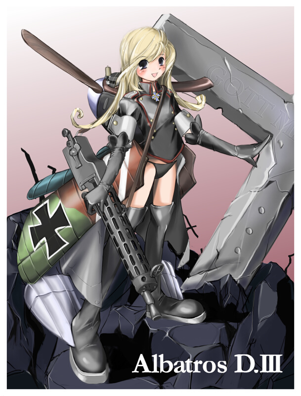 nano (nanosize), albatros dii, original, 1girl, aircraft, airplane, albatros d. iii, albatrosdii, biplane, boots, collared jacket, cross, elbow gloves, female focus, german text, gloves, grey boots, gun, iron cross, jacket, machine gun, mecha musume, military, military jacket, panties, ruins, solo, thighhighs, underwear, weapon, world war i, world war ii