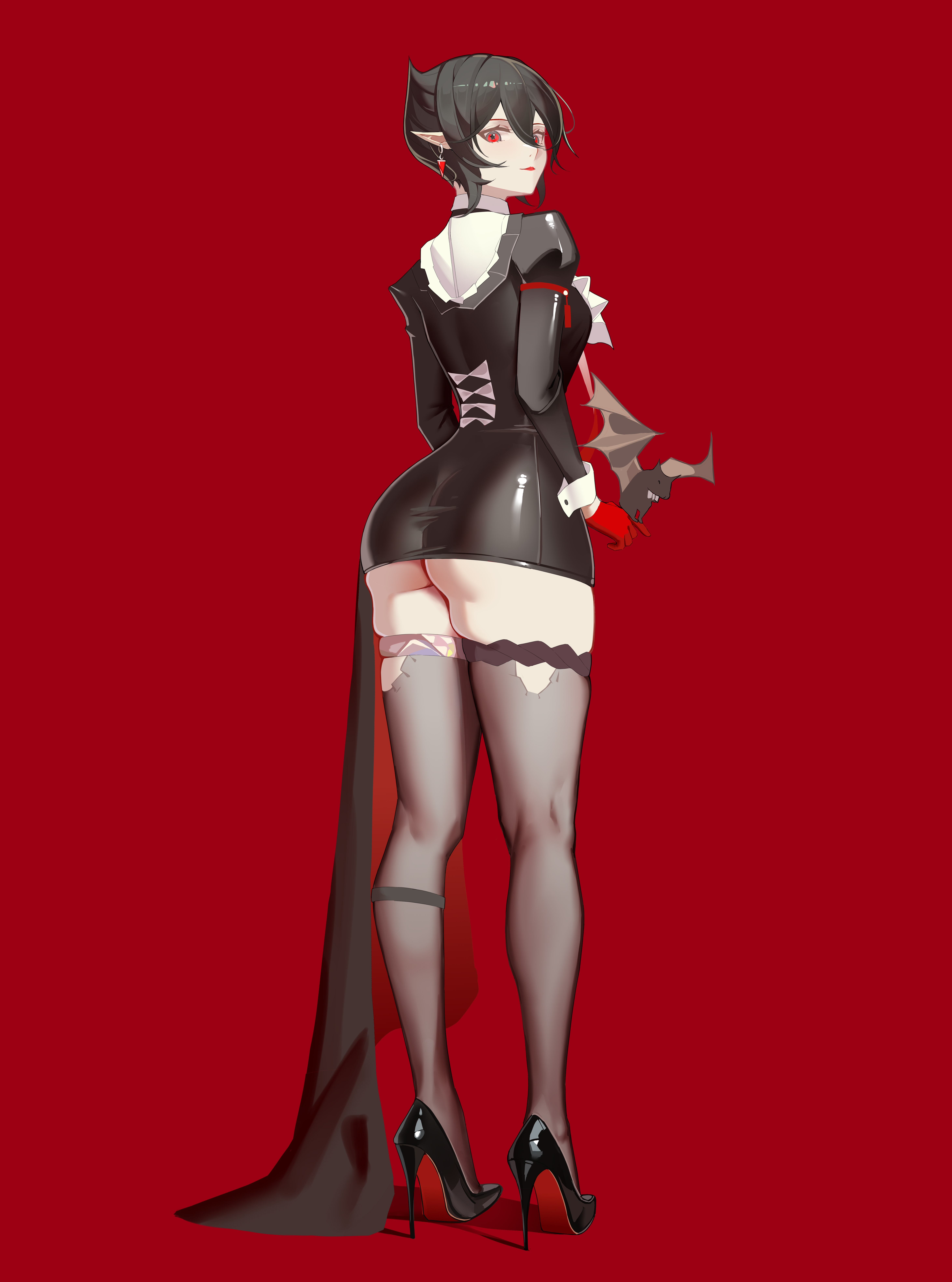 yat (tsmn7245), entelechia (arknights), arknights, absurdres, chinese commentary, commentary request, highres, 1girl, animal, ascot, ass, black dress, black hair, black shoes, closed mouth, dress, earrings, from behind, full body, gloves, hair between eyes, hair horns, high heels, jewelry, juliet sleeves, long sleeves, looking at viewer, pointy ears, puffy long sleeves, puffy sleeves, red background, red eyes, red gloves, red lips, shoes, short hair, simple background, skindentation, smile, solo, standing, thigh strap, thighhighs, white ascot