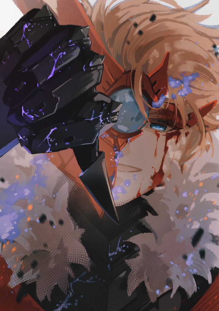 erdff720, tartaglia (foul legacy transformation) (genshin impact), tartaglia (genshin impact), genshin impact, 1boy, armor, black gloves, blood, blood from forehead, blood on face, blue eyes, broken mask, clawed gauntlets, close-up, empty eyes, fur trim, gauntlets, gloves, hand up, looking at viewer, loose hair strand, male focus, mask, open mouth, orange hair, portrait, red mask, short hair, simple background, smile, solo, spiked hair, thumbs down, white background