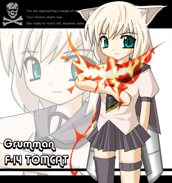 g-774, sukezaemon (stainless night), f-14, f14 (tetsuwan atom), original, jet, 1girl, aircraft, airplane, animal ears, asymmetrical clothes, bird, blonde hair, cat ears, character name, female focus, green eyes, mecha musume, military, missile, phoenix, skirt, skull and crossbones, solo, thighhighs, zoom layer