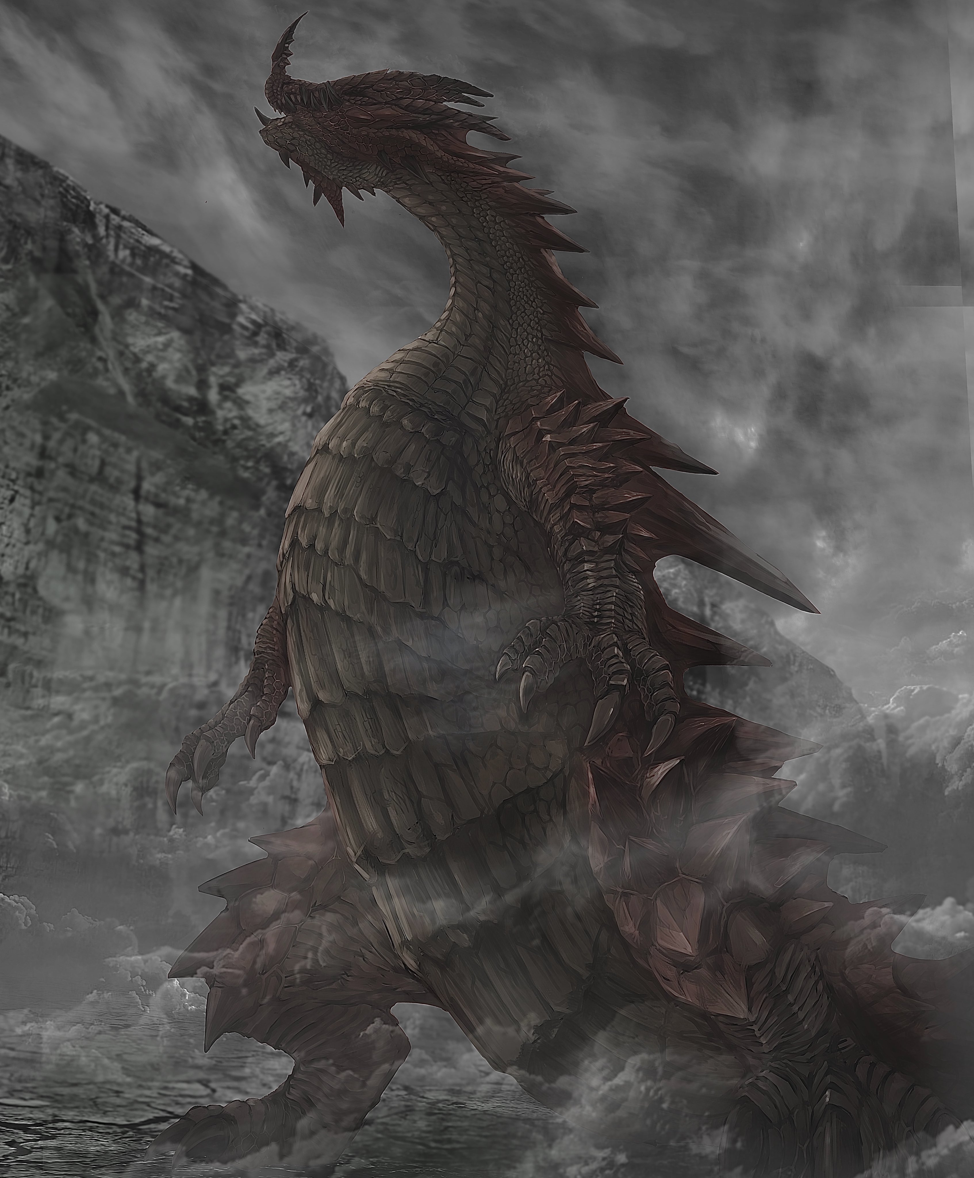 nutuki, lao-shan lung, monster hunter (series), absurdres, commentary, highres, claws, crack, cracked floor, dragon, dust, fog, grey sky, horns, monster, monster focus, no humans, red scales, scales, sharp teeth, single horn, sky, smoke, spikes, standing, teeth, valley