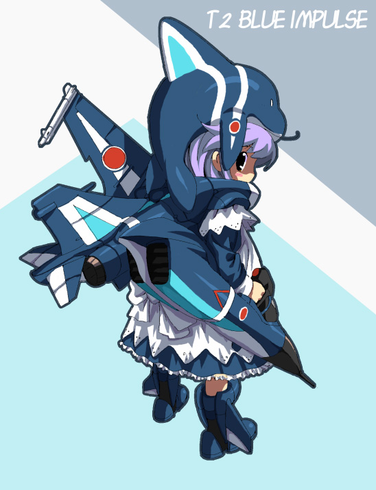 t2, t hostler, original, jet, 1girl, aircraft, airplane, blue impulse (team), dress, female focus, frills, mecha musume, mitsubishi t-2, solo