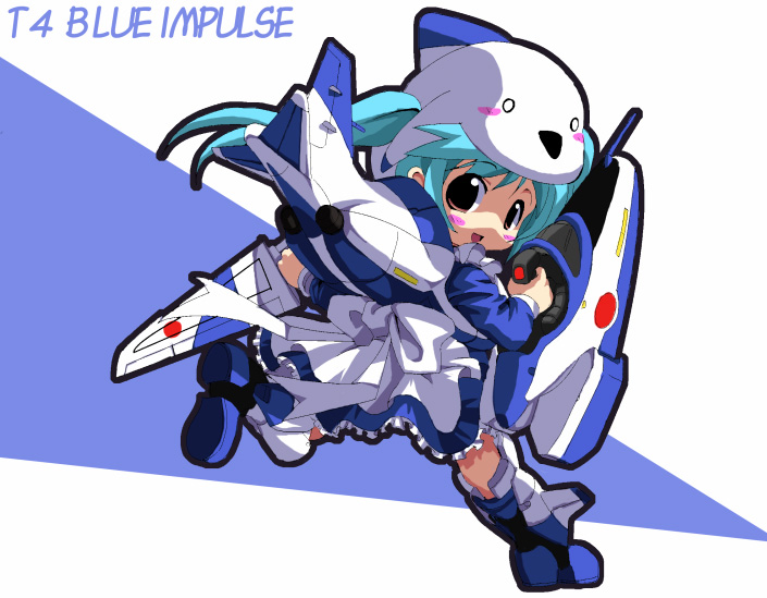 t hostler, kawasaki t-4, original, jet, 1girl, aircraft, airplane, blue boots, blue impulse (team), boots, chibi, chibi only, female focus, mecha musume, solo, t4