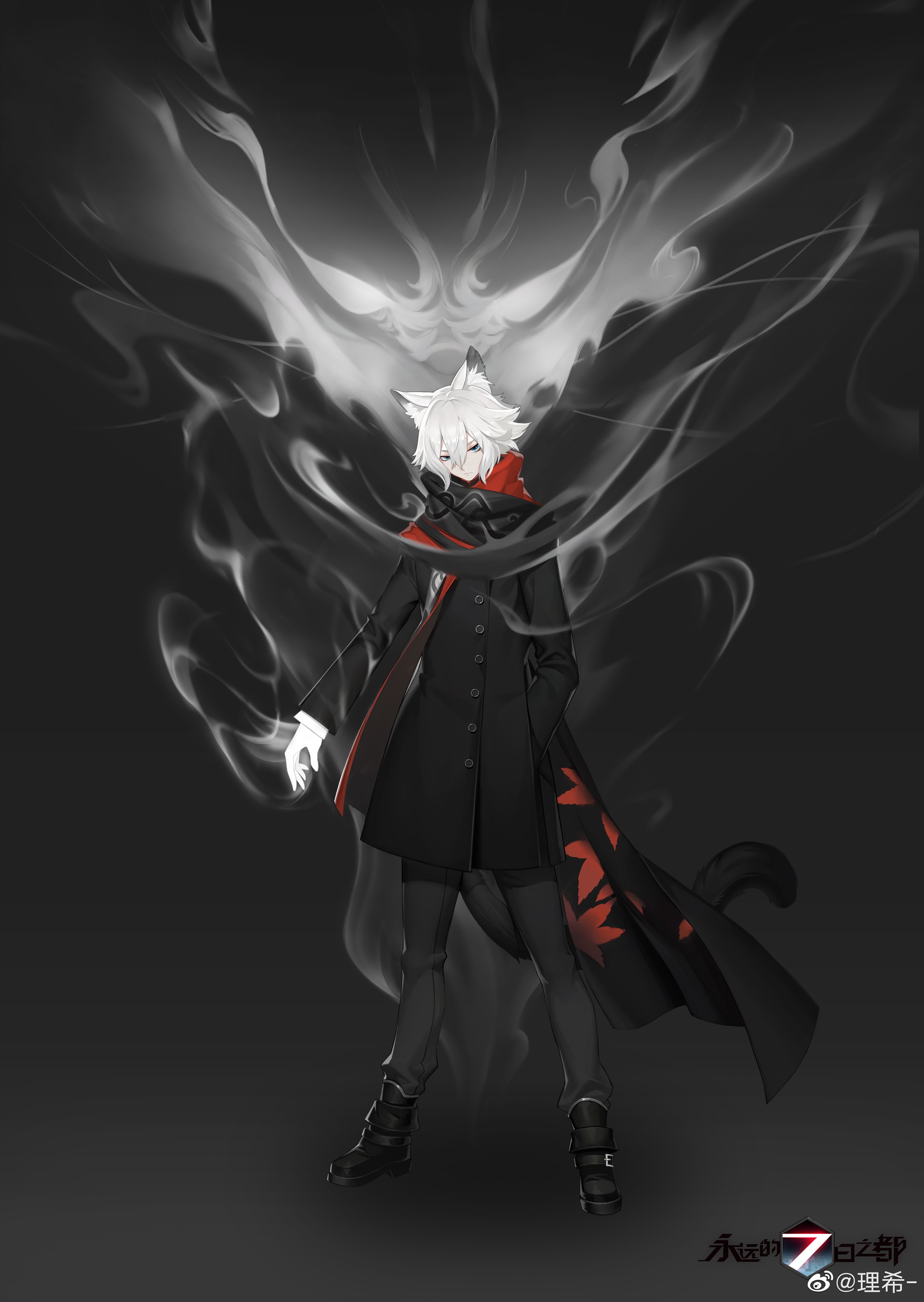 night (forever 7th capital), forever 7th capital, absurdres, chinese commentary, highres, official art, 1boy, :/, animal ears, ankle boots, arm at side, black background, black boots, black coat, black pants, black scarf, blue eyes, boots, cat boy, cat ears, cat tail, closed mouth, coat, copyright name, expressionless, flipped hair, full body, hair between eyes, hand in pocket, leaf print, li xi, long hair between eyes, long sleeves, looking at viewer, male focus, maple leaf print, pants, red scarf, scarf, short hair, sidelocks, simple background, solo, spirit, standing, tail, two-tone scarf, watermark, weibo watermark, white hair