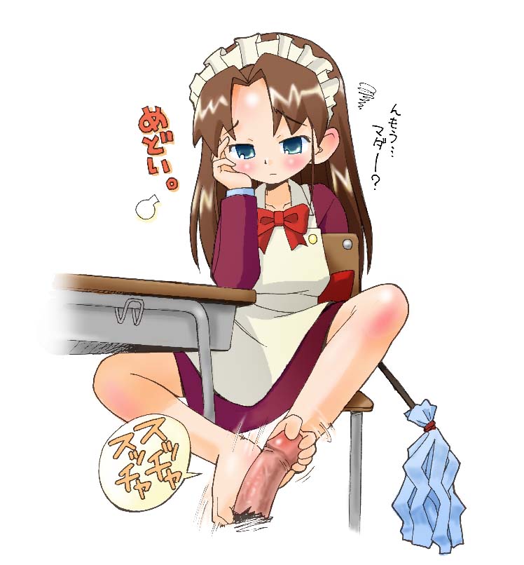 medoi, futaba channel, nijiura maids, jpeg artifacts, 1girl, arm behind back, barefoot, bored, chair, duster, feet, footjob, maid, on chair, penis, simple background, solo focus, speech bubble, toes, uncensored, white background