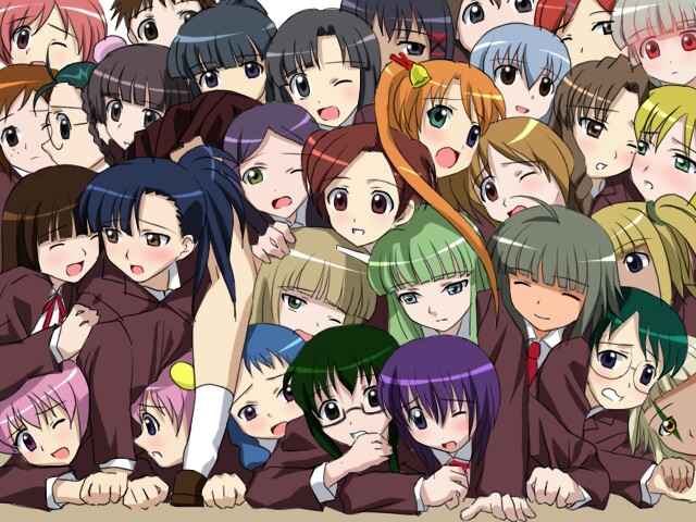 sanshita, aisaka sayo, akashi yuuna, asakura kazumi, ayase yue, chao lingshen, evangeline a.k. mcdowell, hakase satomi, hasegawa chisame, izumi ako, kagurazaka asuna, kakizaki misa, karakuri chachamaru, kasuga misora, konoe konoka, kufei, kugimiya madoka, miyazaki nodoka, murakami natsumi (negima), naba chizuru, nagase kaede, narutaki fumika, narutaki fuuka, ookouchi akira, sakurazaki setsuna, saotome haruna, shiina sakurako, tatsumiya mana, yotsuba satsuki, yukihiro ayaka, zazie rainyday, mahou sensei negima!, 00s, 6+girls, blonde hair, bun cover, dogpile, double bun, everyone, green hair, hair bun, mole, mole under eye, multiple girls, robot ears, vampire