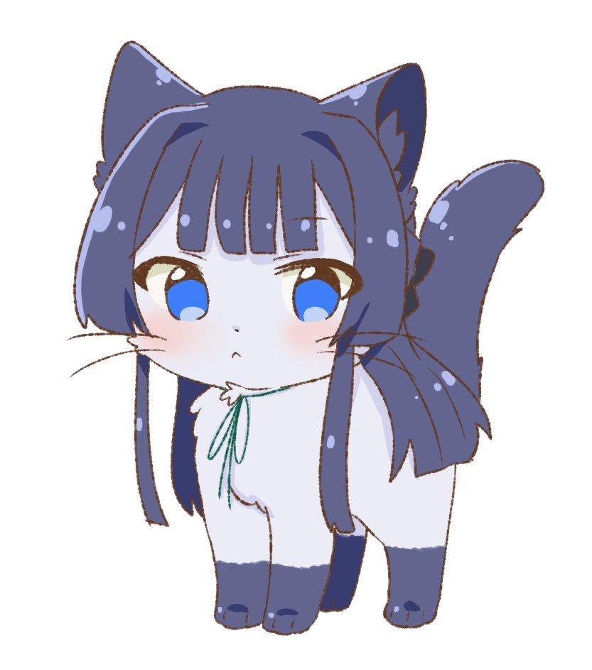 hutaba, mogami shizuka, idolmaster, idolmaster million live!, animal, animal focus, animalization, black hair, blue eyes, blush, cat, closed mouth, full body, long hair, no humans, simple background, solo, standing, white background