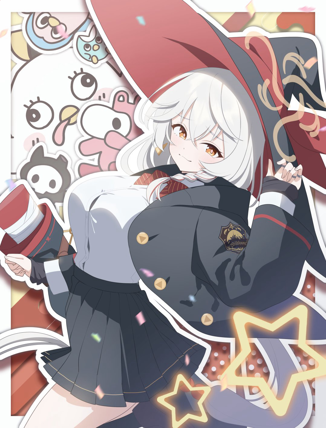 eri (blue archive), peroro (blue archive), blue archive, star, bow, bowtie, braid, breasts, earrings, gun, halo, hat, jacket, jewelry, large breasts, long coat, long hair, orange eyes, ring, shirt, skirt, sweater, thighs, weapon, white hair, witch hat