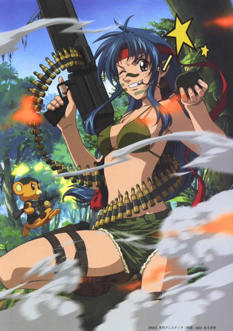 bonta-kun, chidori kaname, full metal panic!, official art, 00s, 1girl, 2003, ammunition belt, assault rifle, bikini, blue hair, brown eyes, bullet, cartridge, cutoffs, day, explosive, facepaint, grenade, gun, headband, long hair, low-tied long hair, machine gun, one eye closed, rifle, shorts, smoke, swimsuit, weapon, wink