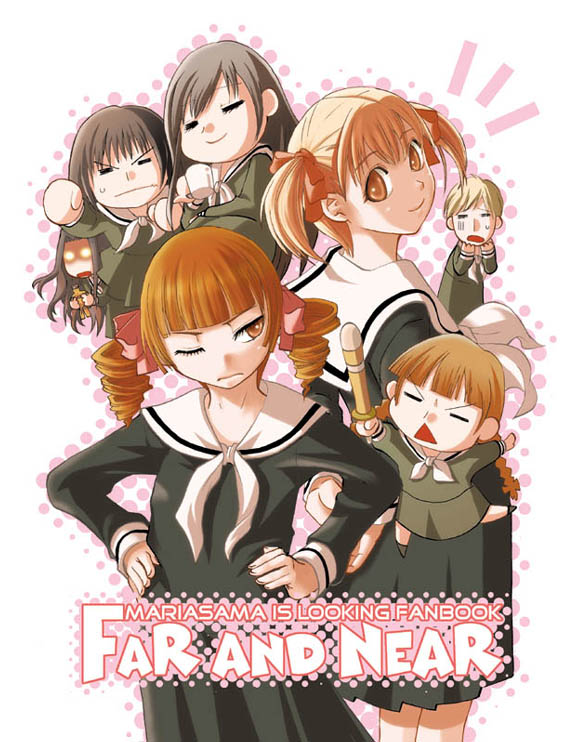 takenoko seijin, fukuzawa yumi, hasekura rei, hosokawa kanako, matsudaira touko, nijou noriko, ogasawara sachiko, shimazu yoshino, maria-sama ga miteru, 00s, 6+girls, brown eyes, brown hair, closed eyes, copyright name, drill hair, hands on own hips, multiple girls, one eye closed, school uniform, smile, twin drills, twintails