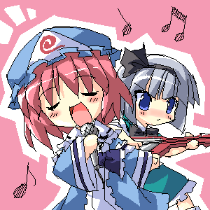 petenshi (dr. vermilion), konpaku youmu, saigyouji yuyuko, touhou, lowres, 2girls, beamed quavers, electric guitar, female focus, guitar, hat, instrument, microphone, mob cap, multiple girls, music, musical note, oekaki, quaver, singing, triangular headpiece