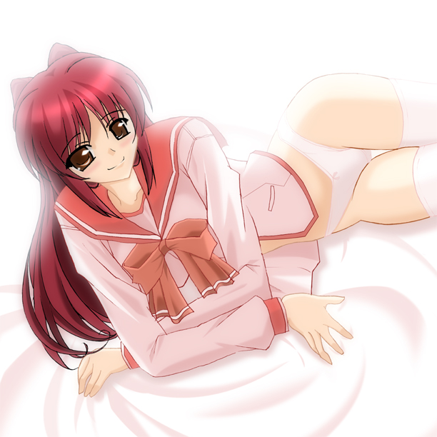 kousaka tamaki, to heart (series), to heart 2, 00s, blush, bottomless, bow, brown eyes, long hair, lying, no pants, on side, panties, red hair, school uniform, serafuku, solo, thigh gap, thighhighs, thighs, underwear, white panties, white thighhighs