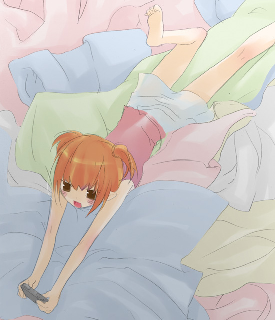 sazaki ichiri, original, 1girl, :d, barefoot, bed sheet, blush, brown eyes, feet, female focus, lying, on stomach, open mouth, orange hair, playing games, pointy ears, smile, solo, two side up, video game