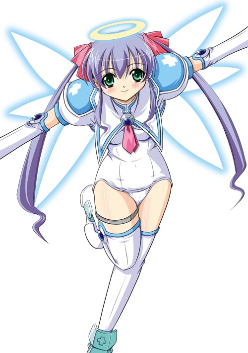 takane nohana, djibril aries, jinno hikari, makai tenshi djibril, 1girl, angel, angel wings, armor, blue hair, blush, boots, breasts, brooch, cross, elbow gloves, female focus, gem, gloves, glowing, glowing wings, green eyes, hair ribbon, halo, jewelry, leg lift, light smile, long hair, looking at viewer, magical girl, necktie, one-piece swimsuit, outstretched arms, pink necktie, puffy short sleeves, puffy sleeves, purple hair, red cross, ribbon, sailor collar, school swimsuit, shin guards, short sleeves, sidelocks, simple background, small breasts, smile, solo, spread arms, swimsuit, swimsuit costume, thigh boots, thighhighs, thighlet, traditional halo, turtleneck, twintails, very long hair, white background, white gloves, white one-piece swimsuit, white school swimsuit, white thighhighs, wings
