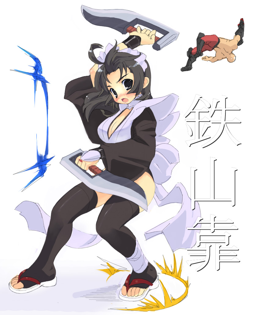 amasa mitsunaru, iroha (samurai spirits), neinhalt sieger, samurai spirits, snk, blade, 1boy, 1girl, attack, bald, black eyes, black hair, black thighhighs, blush, boots, breasts, butterfly swords, cleavage, detached sleeves, dual wielding, full body, gloves, hair ornament, hairband, holding, japanese clothes, looking at viewer, maid, pants, sandals, short hair, simple background, solo focus, sword, thighhighs, thighs, throwing, weapon, white background, zouri