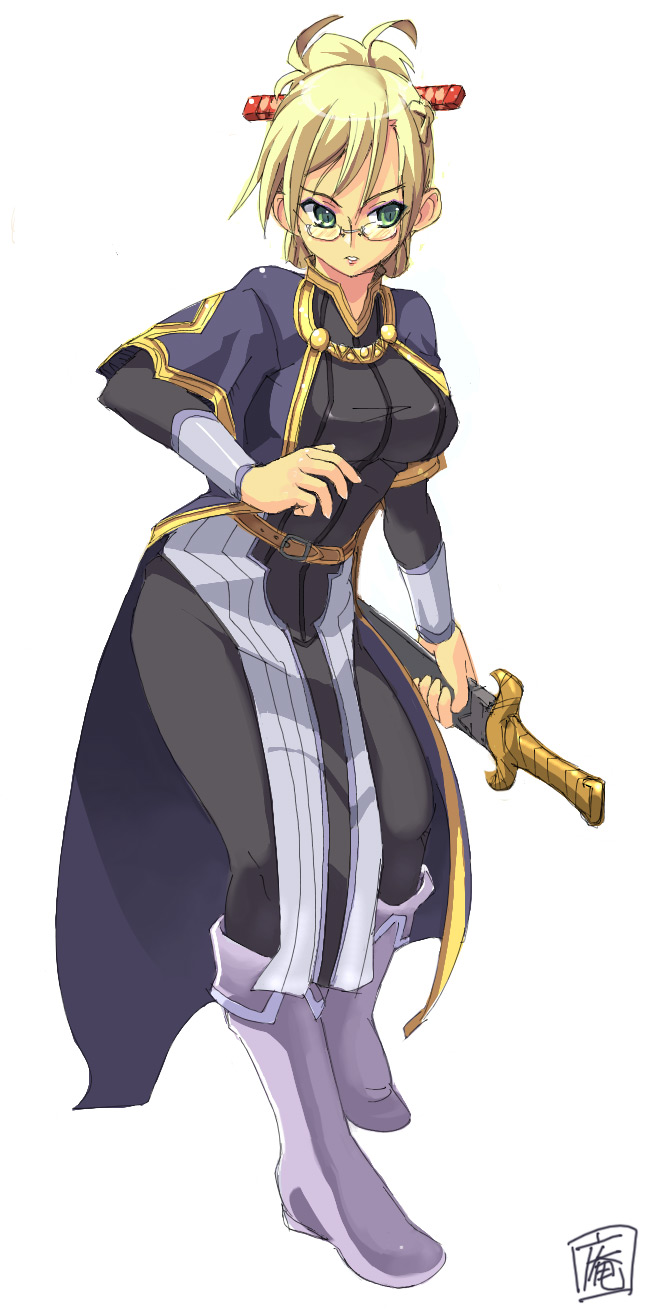 amasa mitsunaru, highres, 1girl, boots, female focus, glasses, simple background, solo, sword, weapon, white background, white boots