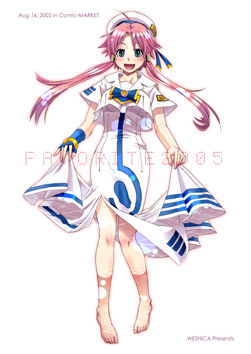 weshika, mizunashi akari, aria (manga), comicmarket, comiket, 00s, 1girl, 2005, barefoot, blouse, caustics, clothes lift, dress, dress lift, feet, female focus, fingerless gloves, full body, gloves, green eyes, hat, pink hair, reflection, shirt, short hair with long locks, side slit, sidelocks, simple background, skirt hold, smile, solo, toes, wading, white shirt