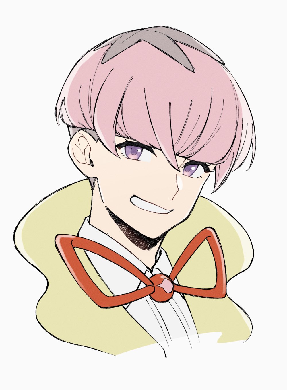 mocollie, ortega (pokemon), nintendo, pokemon, pokemon sv, commentary, commentary request, highres, 1boy, blunt bangs, blunt ends, collared shirt, cropped shoulders, grey hair, grin, male focus, multicolored hair, neck ribbon, pink eyes, pink hair, red ribbon, ribbon, shirt, simple background, smile, solo, teeth, white background, white shirt, wing collar