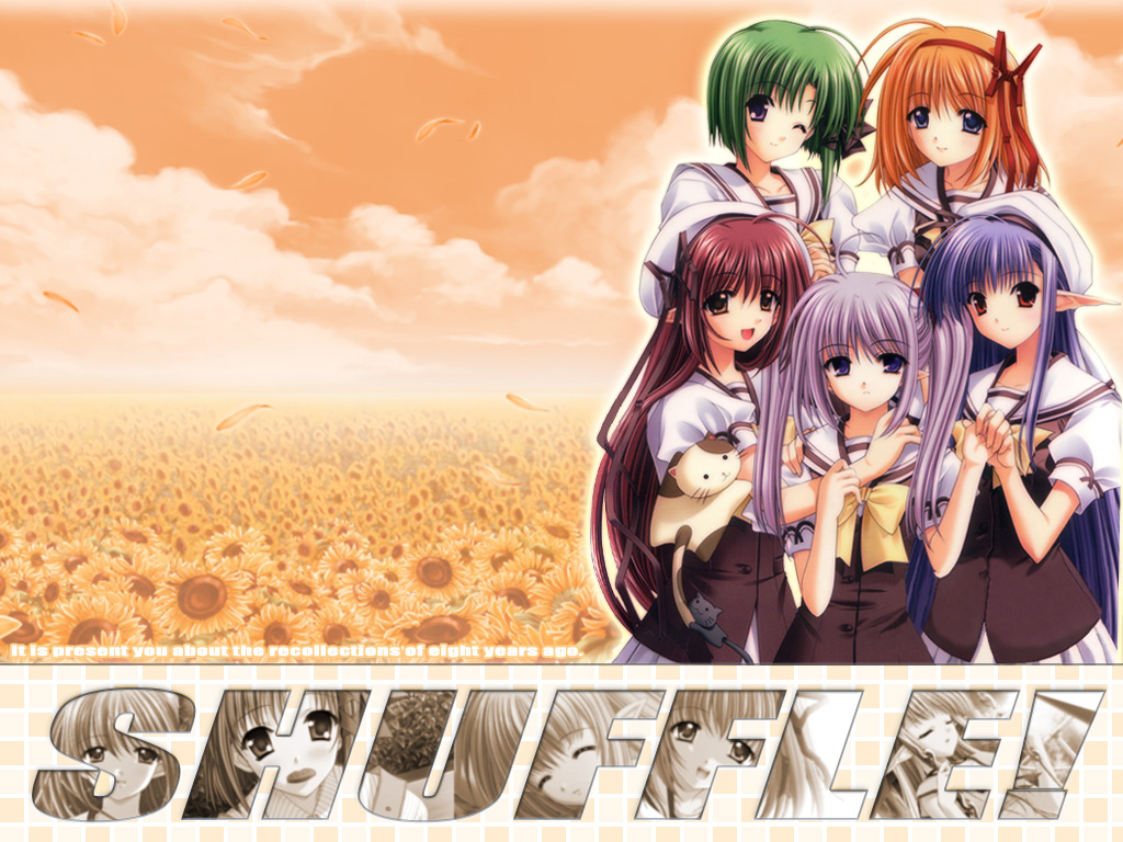 nishimata aoi, suzuhira hiro, fuyou kaede, lisianthus, nerine, primula, shigure asa, shuffle!, official art, official wallpaper, 00s, 5girls, everyone, flower, multiple girls, pleated skirt, school uniform, serafuku, skirt, sunflower