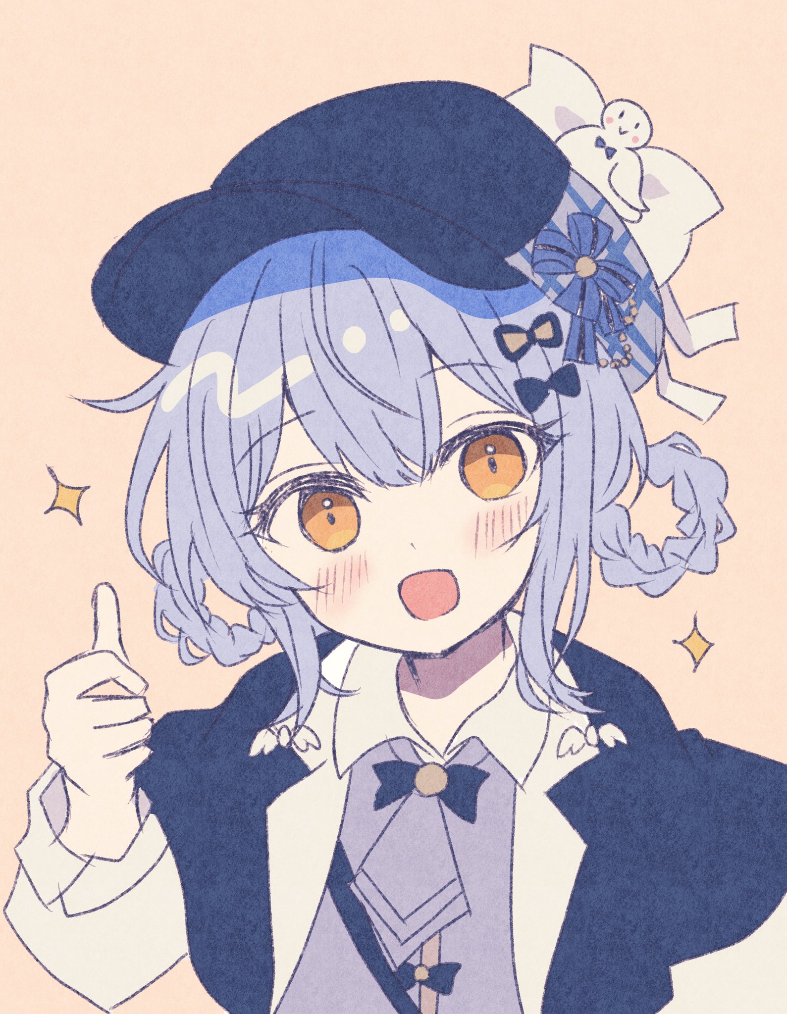 yua 666666, tachibana sherry, mahou shoujo no majo saiban, highres, 1girl, bird hat ornament, black hat, black jacket, blue hair, bow, braid, braided hair rings, hair rings, hat, jacket, looking at viewer, newsboy cap, open mouth, short hair, simple background, smile, solo, sparkle, thumbs up, upper body, white bow, yellow background, yellow eyes