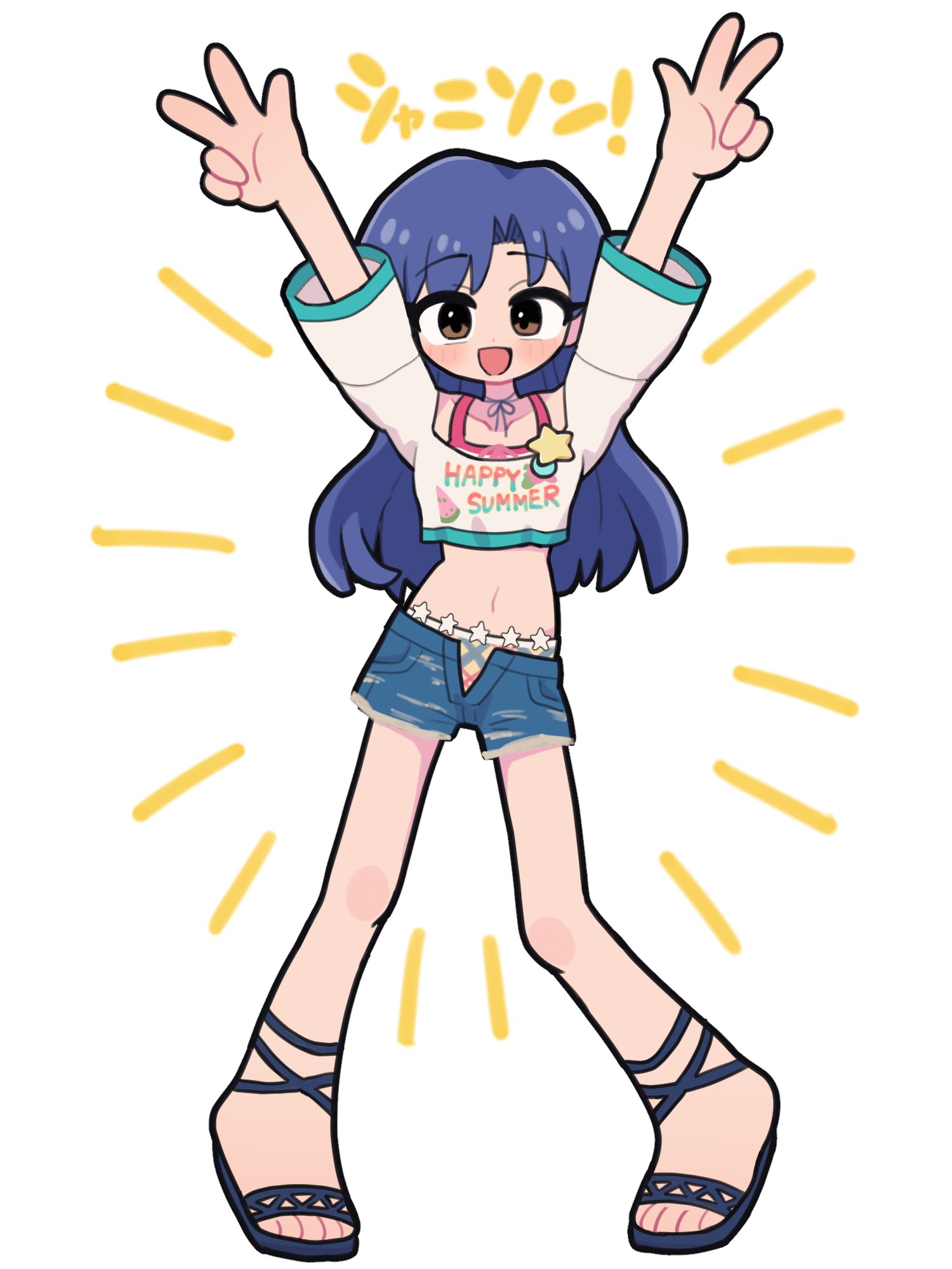 fis (t83192933), kisaragi chihaya, idolmaster, idolmaster (classic), highres, 1girl, arms up, blue hair, brown eyes, clothes writing, cropped shirt, deformed, denim, denim shorts, double w, full body, long hair, looking at viewer, midriff, navel, open clothes, open shorts, sandals, shorts, simple background, solo, standing, w, white background