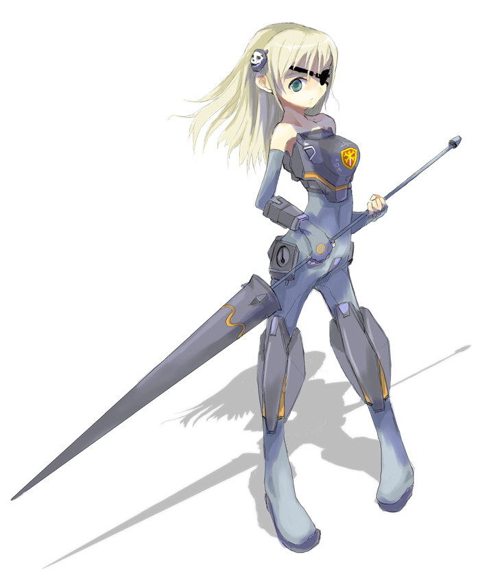 crossbone gundam x-2, crossbone gundam, gundam, gundam f91, 1990s (style), bare shoulders, blonde hair, eyepatch, green eyes, lance, mecha musume, polearm, retro artstyle, solo, spear, weapon