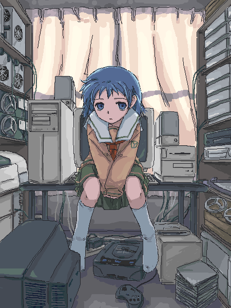 toshibo (chitose ryouta), tsukishima ruriko, shizuku (game), 1girl, blue eyes, blue hair, cable, computer, computer keyboard, crt, expressionless, feet, female focus, geekgirl, indoors, kneehighs, looking at viewer, matching hair/eyes, oekaki, otaku room, parted lips, school uniform, serafuku, short hair, sitting, skirt, socks, solo, white socks, yellow serafuku