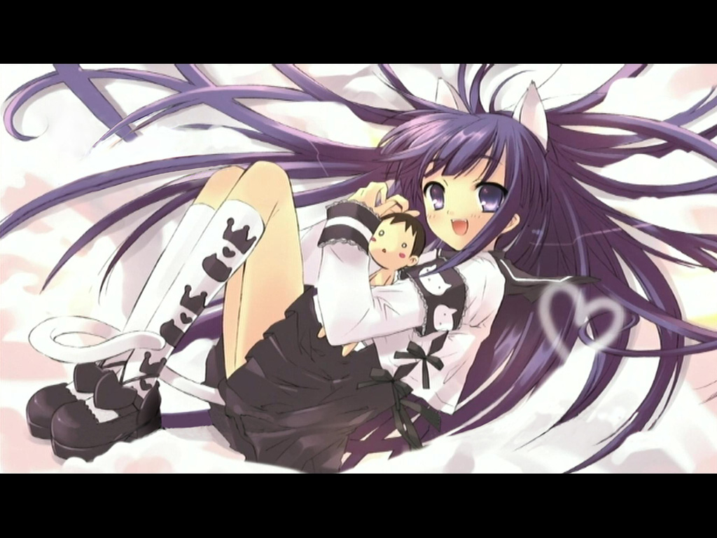 ito noizi, hazuki (tsukuyomi), tsukuyomi moonphase, 00s, 1girl, :d, :o, animal ears, blush stickers, cat ears, cat tail, chibi, female focus, gothic lolita, heart, kneehighs, letterboxed, lolita fashion, long hair, looking at viewer, mini person, miniboy, o o, open mouth, purple eyes, purple hair, shoes, skirt, smile, socks, solo, tail