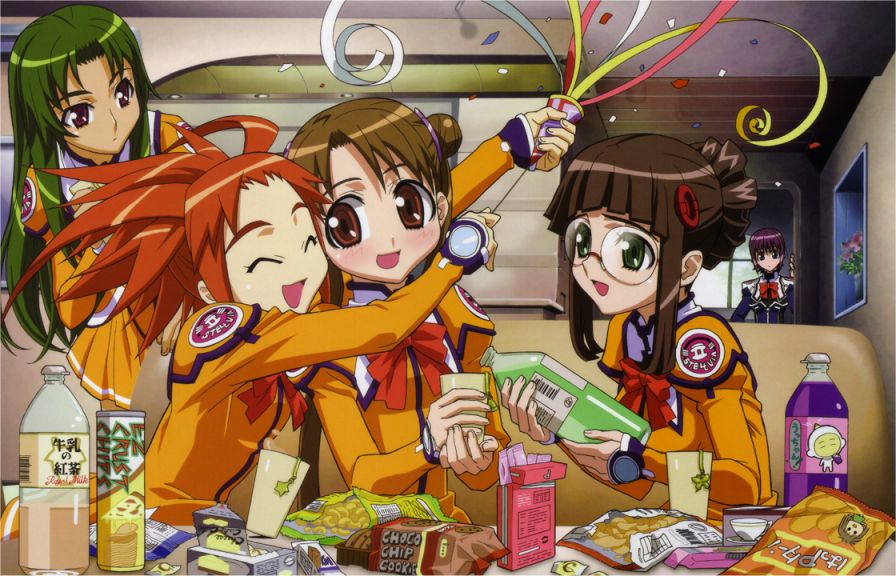 arisa glennorth, fujisawa yayoi, fujisawa yayoi (uchuu no stellvia), katase shima, kayama akira, machida ayaka, uchuu no stellvia, official art, 00s, 5girls, brown hair, donut hair bun, everyone, female focus, food, green hair, hair bun, indoors, multiple girls, orange hair, orange shirt, party, party popper, red hair, shirt